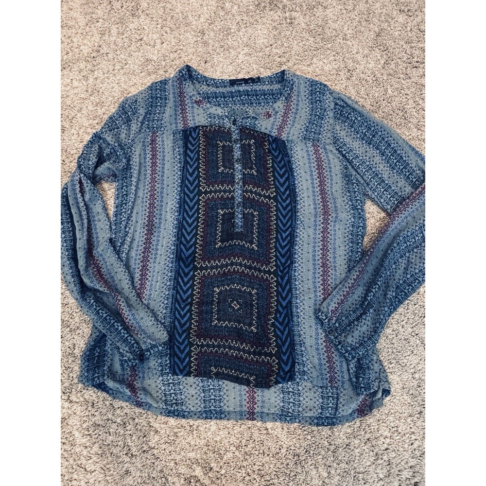 prAna Inka long sleeve geometric knit tunic blouse blue size XL boho henley